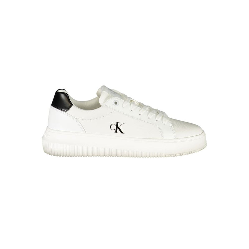 White polyurethane Calvin Klein Bianco women’s sneaker with black heel tab and logo detail.