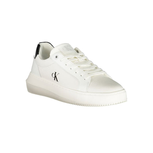 White Calvin Klein polyurethane sneakers with lace-up closure and black heel detail on a white background.