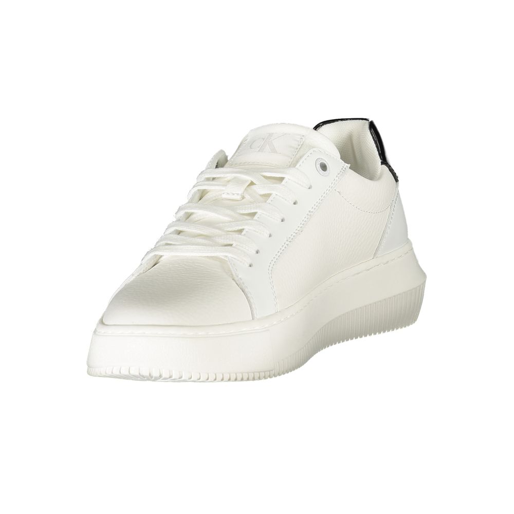 Calvin Klein white polyurethane women's sneaker with lace-up front, textured finish, and black heel accent.