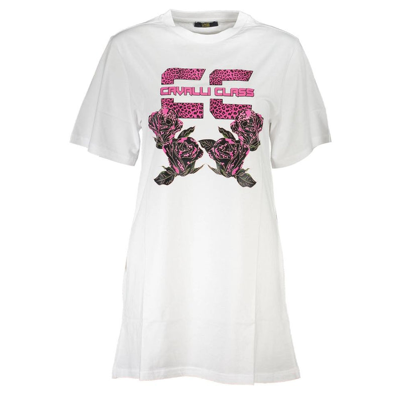 White cotton t-shirt dress featuring pink leopard print logo and roses
