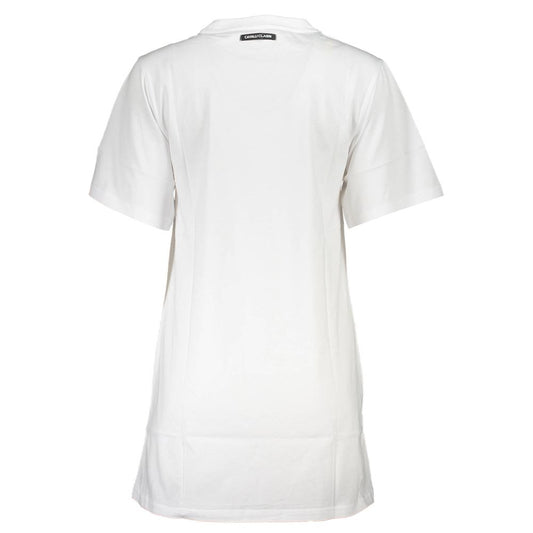 White cotton short-sleeve women's dress viewed from the back