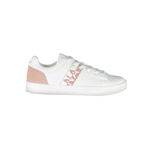 Napapijri women’s white leather sneaker with pink accents, lace-up style, and branded side panel on white sole.