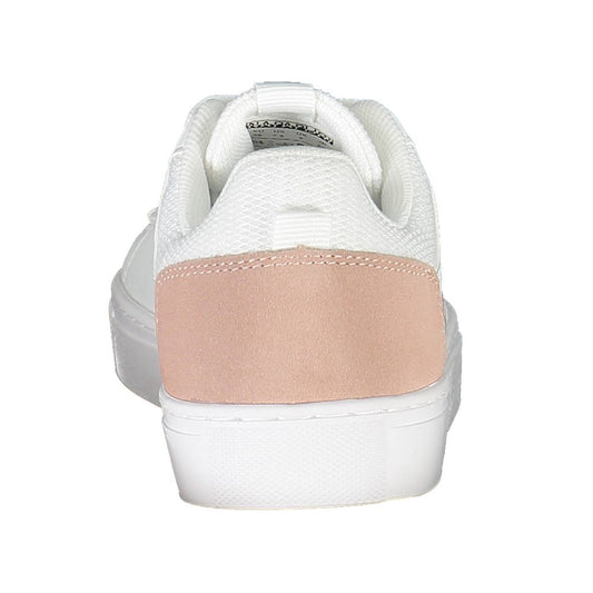Back view of Napapijri white leather women’s sneakers with a pink suede heel patch and white platform sole.