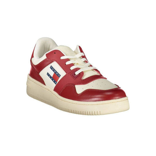 Tommy Hilfiger red and white leather lace-up sneaker with logo detail on side and flat rubber sole.