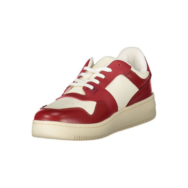 Tommy Hilfiger red and cream leather women's low-top sneaker with a white lace-up closure and chunky sole.