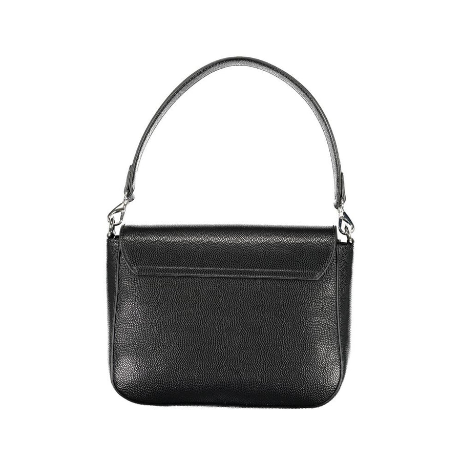 Black polyurethane textured shoulder bag with a silver V logo and tassel charm