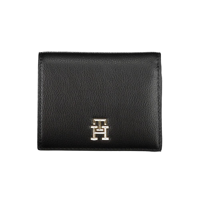 Black textured polyurethane folding wallet with a gold metal monogram logo on the front