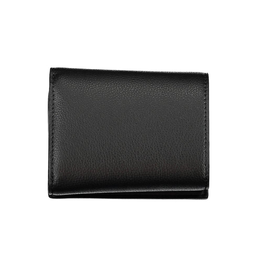 Black textured polyurethane folding wallet with a gold metal monogram logo on the front