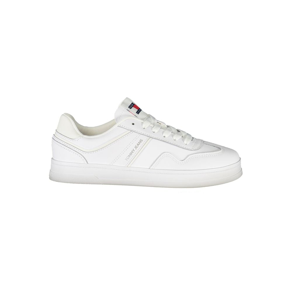 Tommy Hilfiger white polyurethane low-top women's sneaker with lace-up closure and side branding.