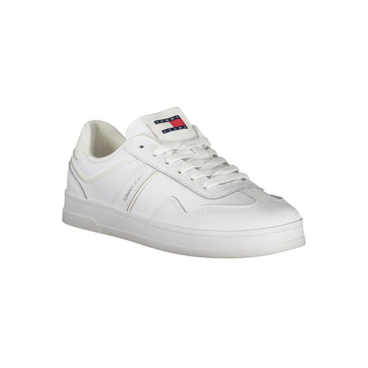 White Tommy Hilfiger Bianco polyurethane lace-up sneaker with Tommy Jeans logo patch on the tongue.