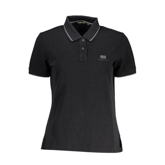Black cotton women's short-sleeve polo shirt with grey collar trim and chest logo