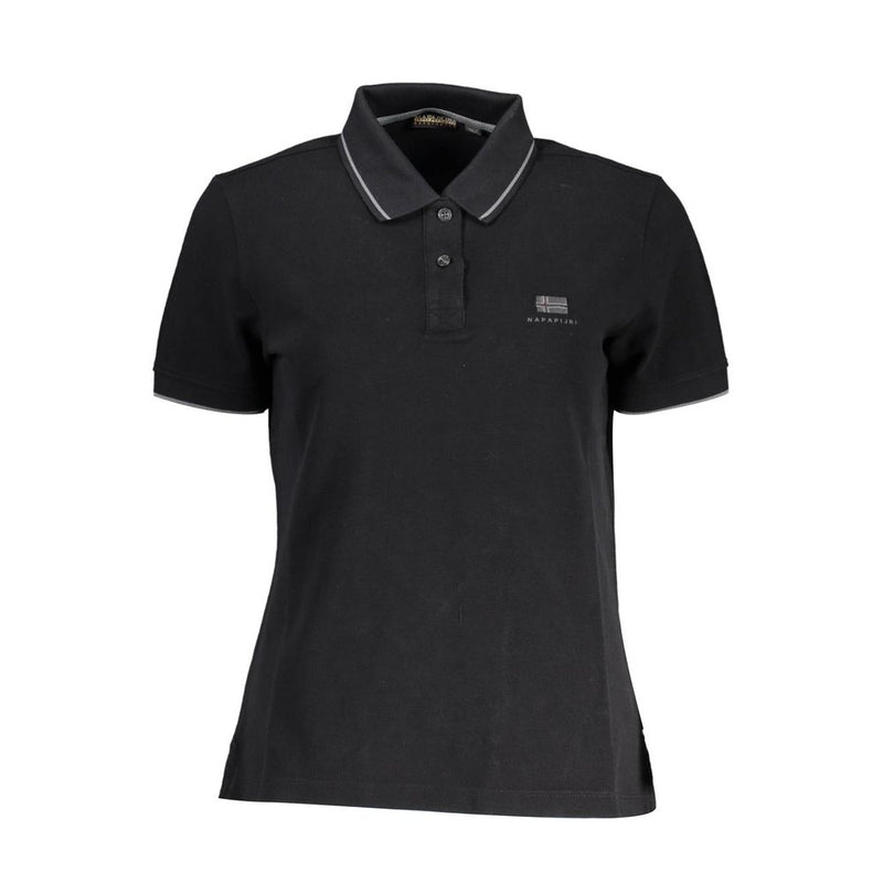 Black cotton women's short-sleeve polo shirt with grey collar trim and chest logo