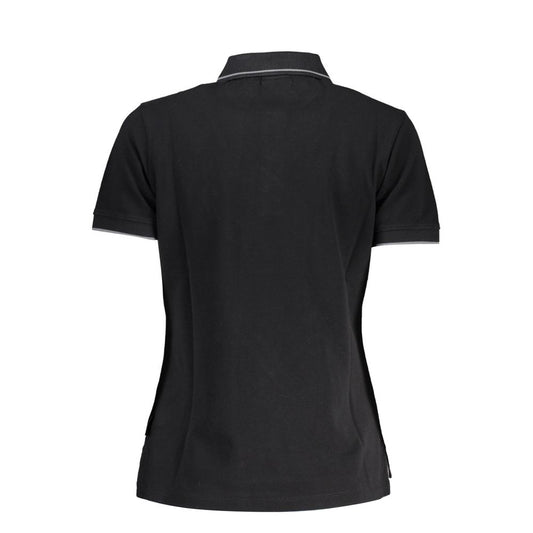 Back view of a black cotton women's short-sleeve polo shirt with gray tipping on the collar and cuffs