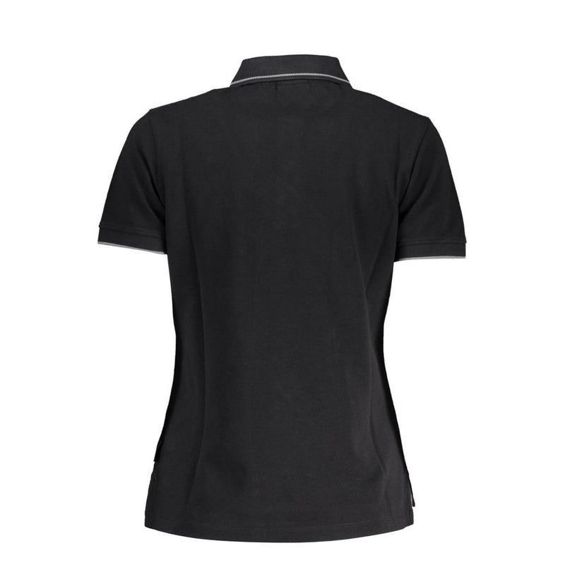Back view of a black cotton women's short-sleeve polo shirt with gray tipping on the collar and cuffs