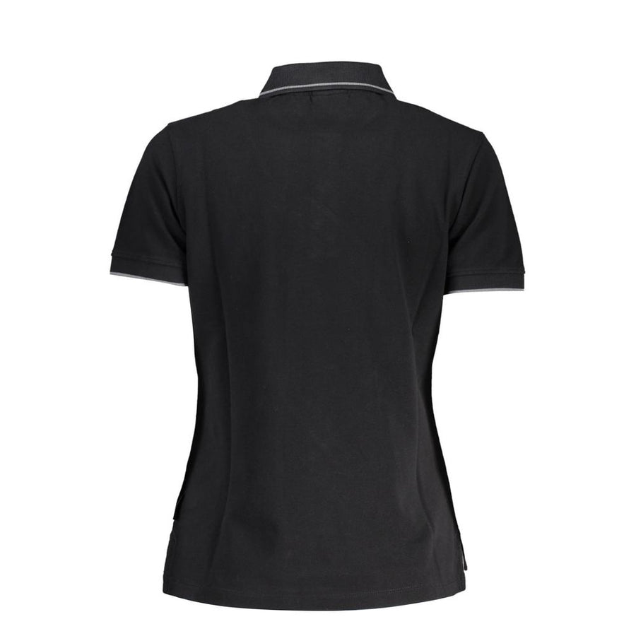 Black cotton women's short-sleeve polo shirt with grey collar trim and chest logo