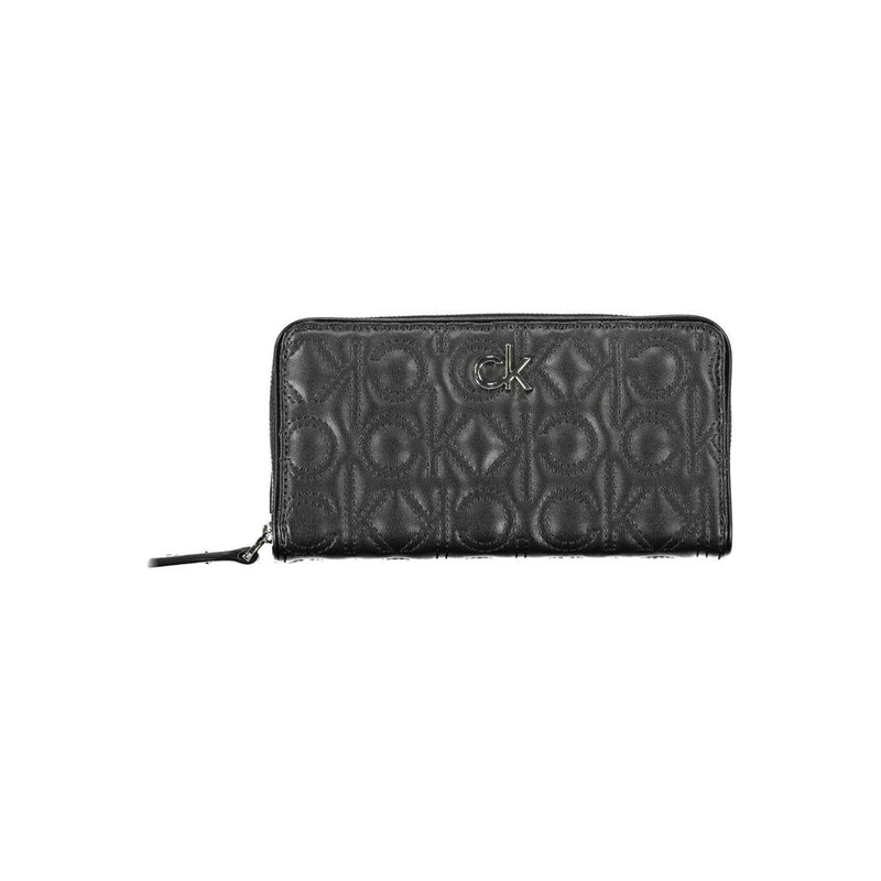 Black polyurethane zip-around wallet with embossed Calvin Klein logo pattern
