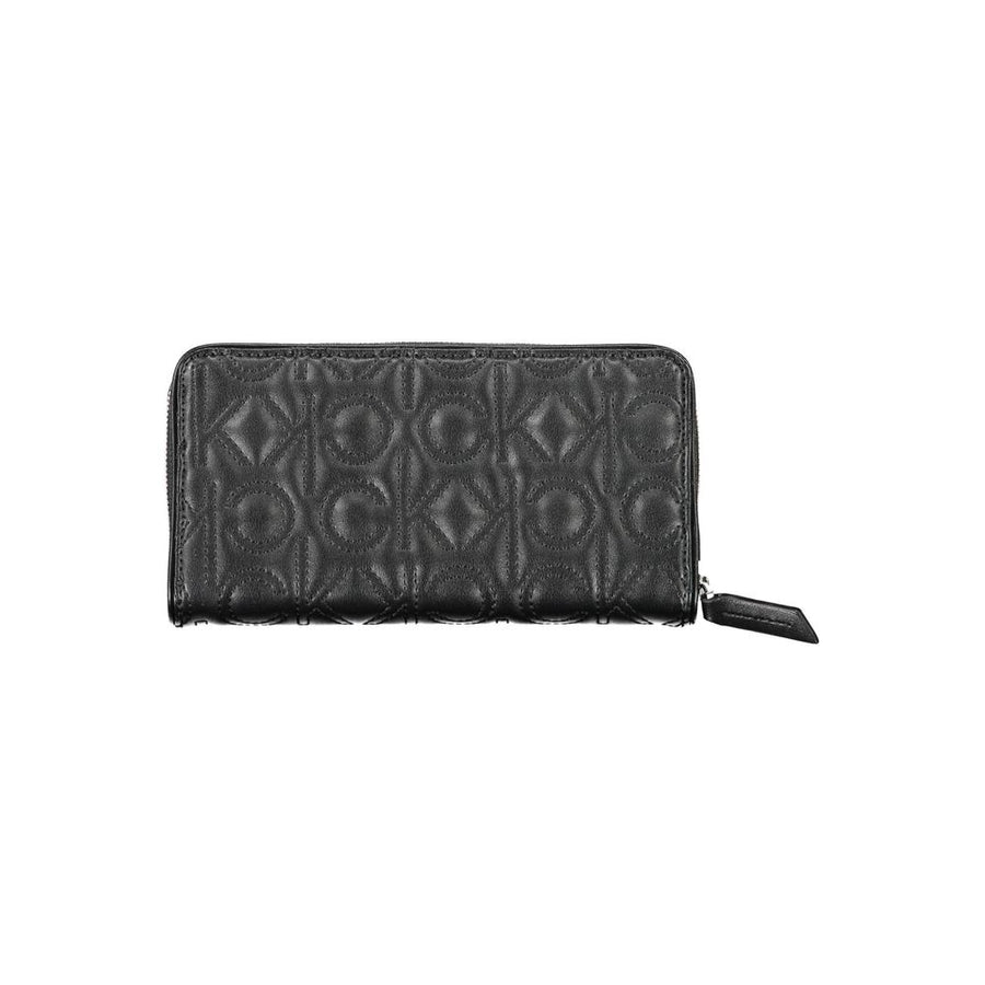 Black polyurethane zip-around wallet with embossed Calvin Klein logo pattern