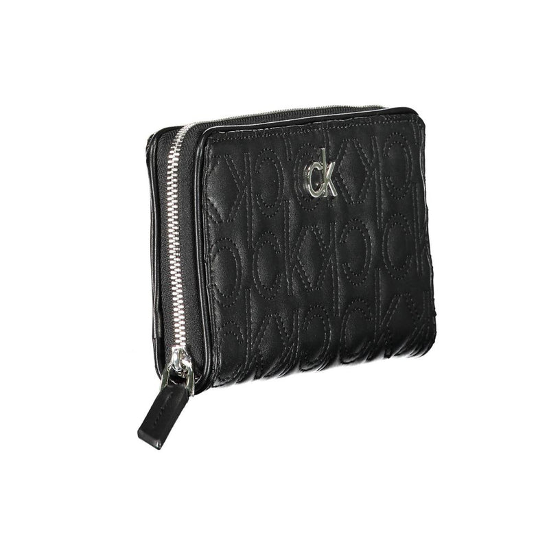 Black polyurethane zip-around women's wallet with quilted CK monogram logo and silver hardware