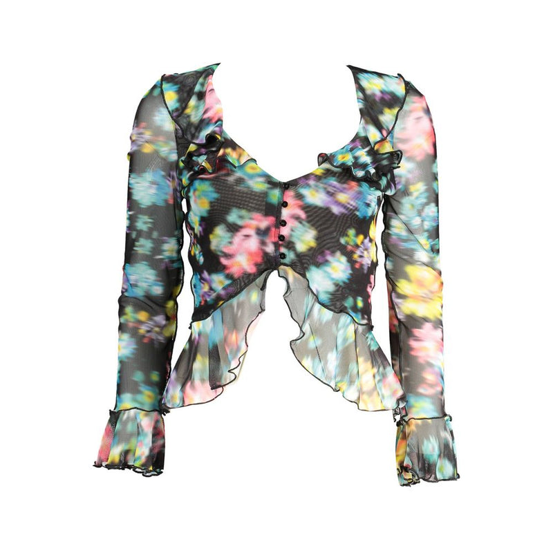 Black floral sheer long sleeve top with ruffles and front buttons