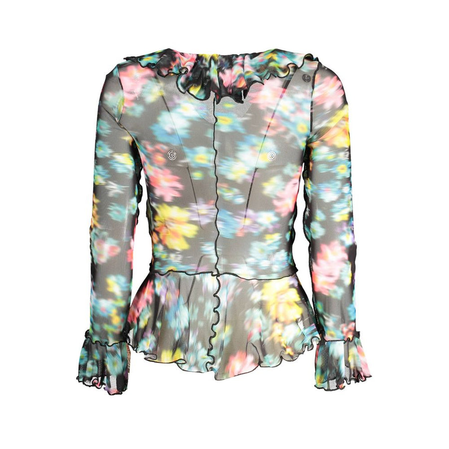 Black floral sheer long sleeve top with ruffles and front buttons
