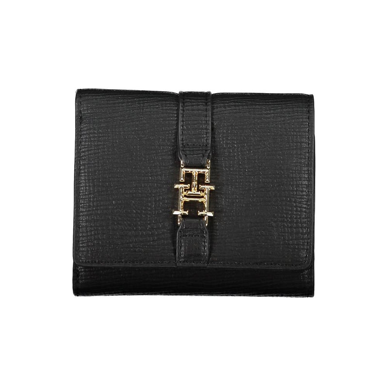 Black polyurethane women's wallet with textured design and gold logo clasp