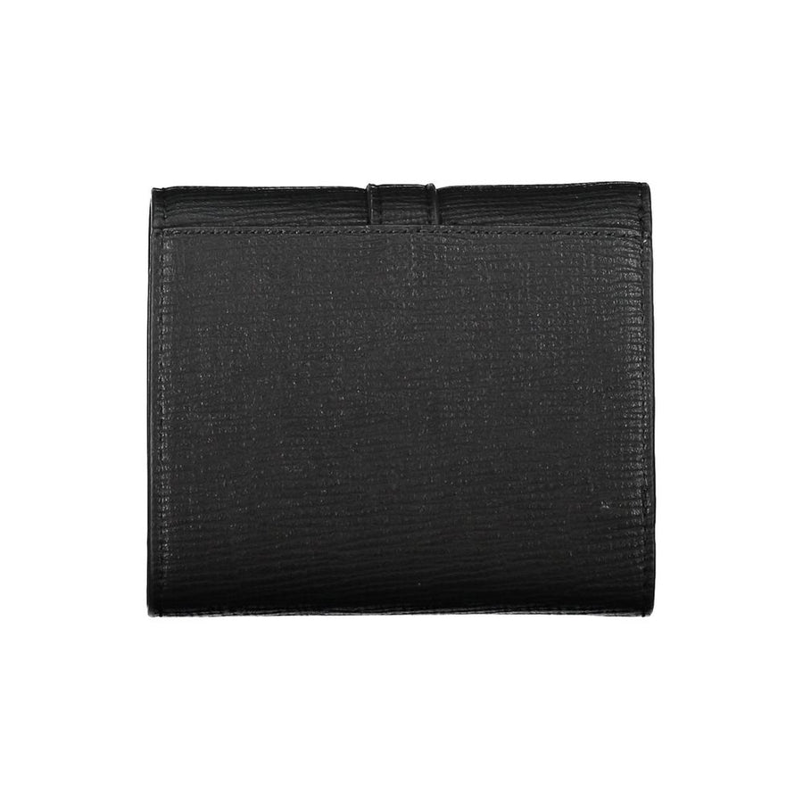 Black polyurethane women's wallet with textured design and gold logo clasp