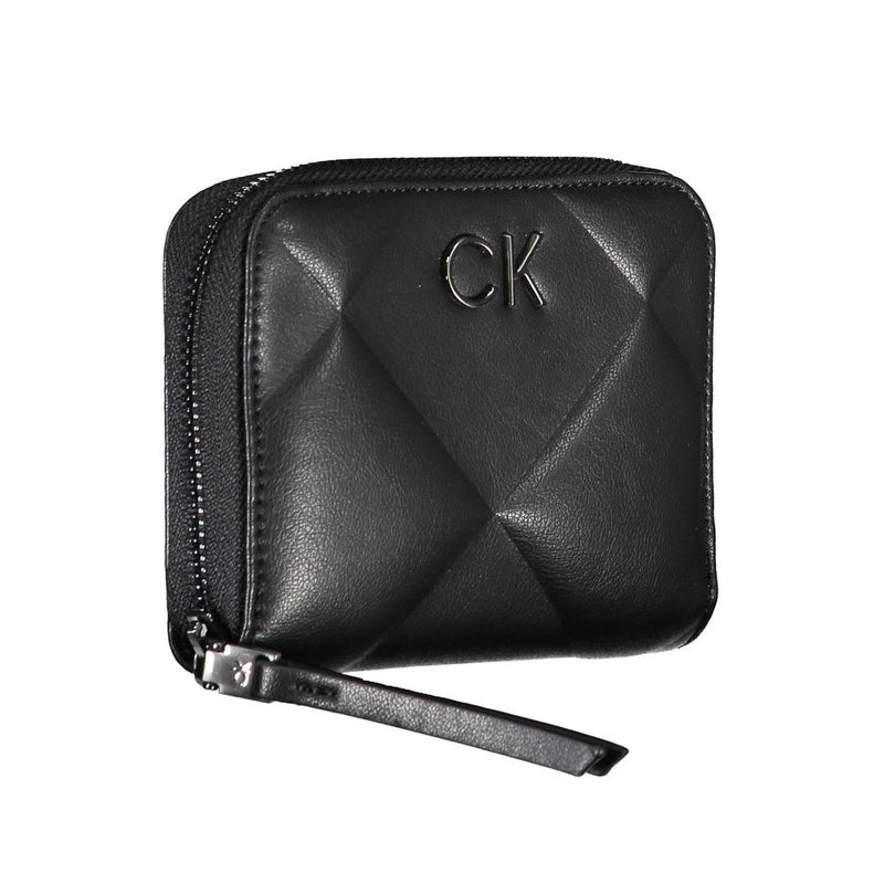 Black quilted polyester Calvin Klein women's zip-around wallet with metal CK logo
