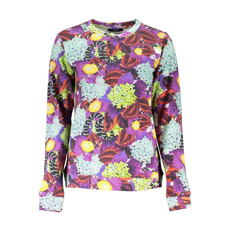 Cavalli Class purple cotton women's sweater with a vibrant floral and animal print pattern