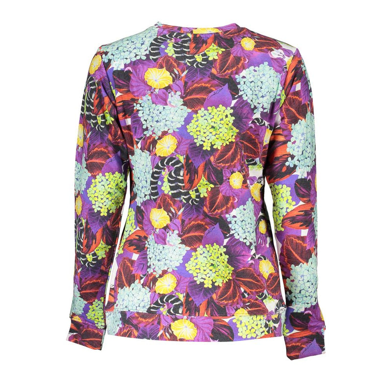 Purple cotton women sweater with colorful floral print and long sleeves