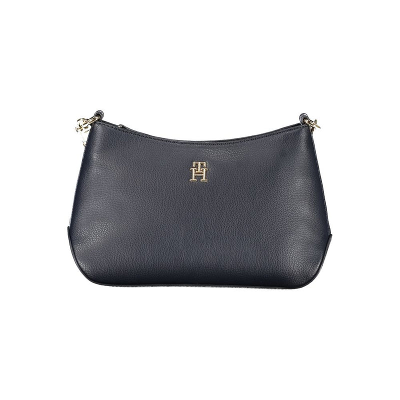 Dark blue textured polyester women's shoulder bag with gold hardware and logo