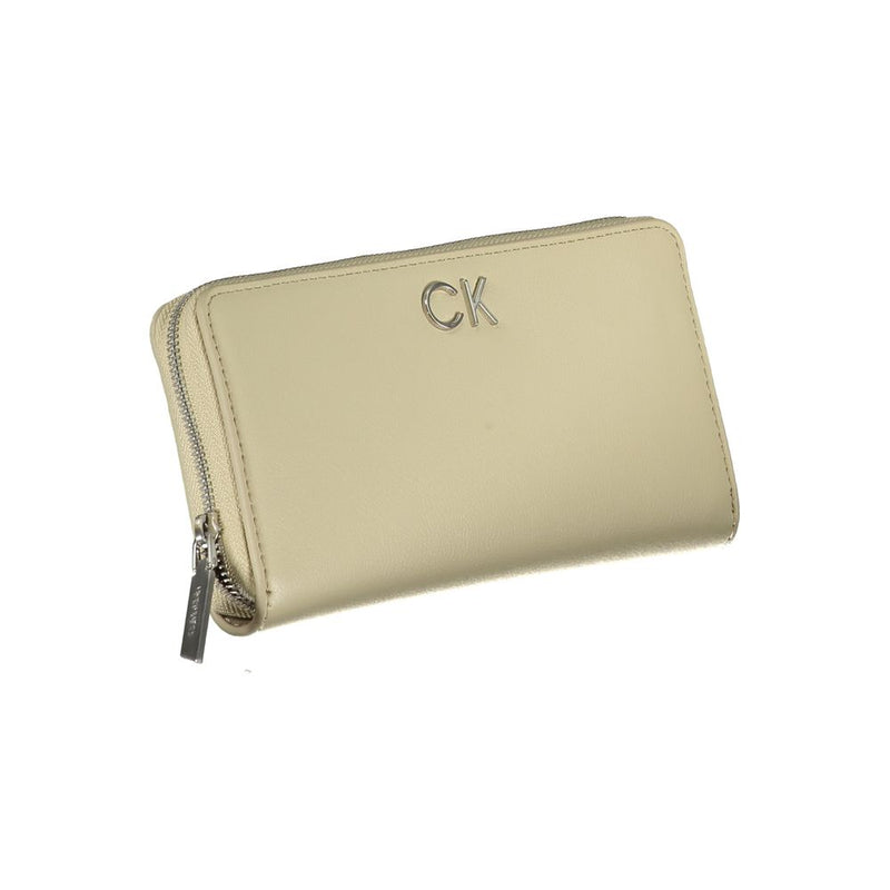 Beige polyurethane zip-around wallet with silver CK logo