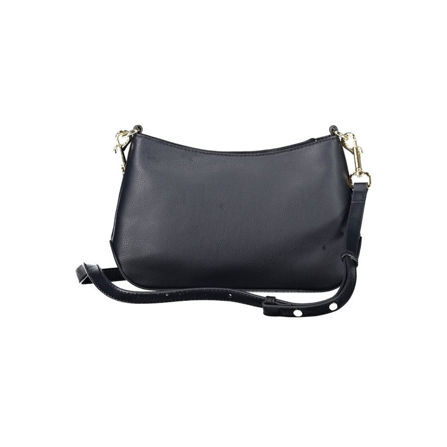 Dark blue textured polyester women's shoulder bag with gold hardware and logo