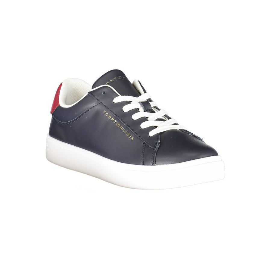Blue polyurethane Tommy Hilfiger women’s sneaker with white laces, a red heel accent, and a white rubber sole.