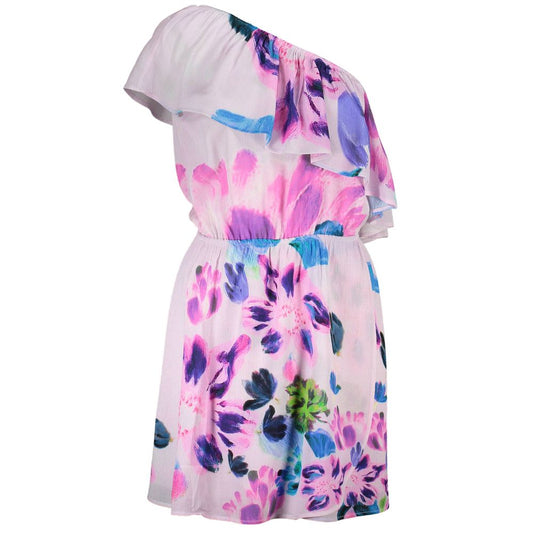 Pink viscose one-shoulder floral print dress with a ruffled neckline