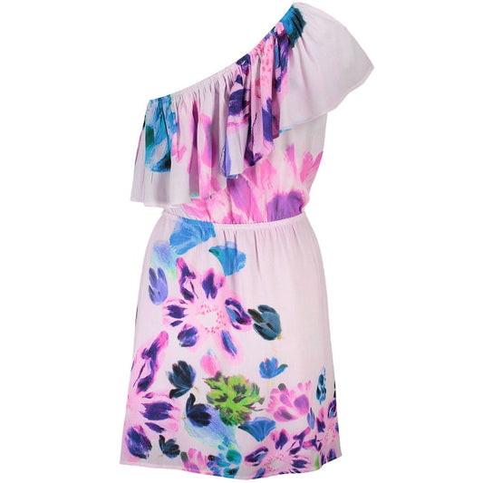 Pink floral viscose one-shoulder short dress with ruffled overlay