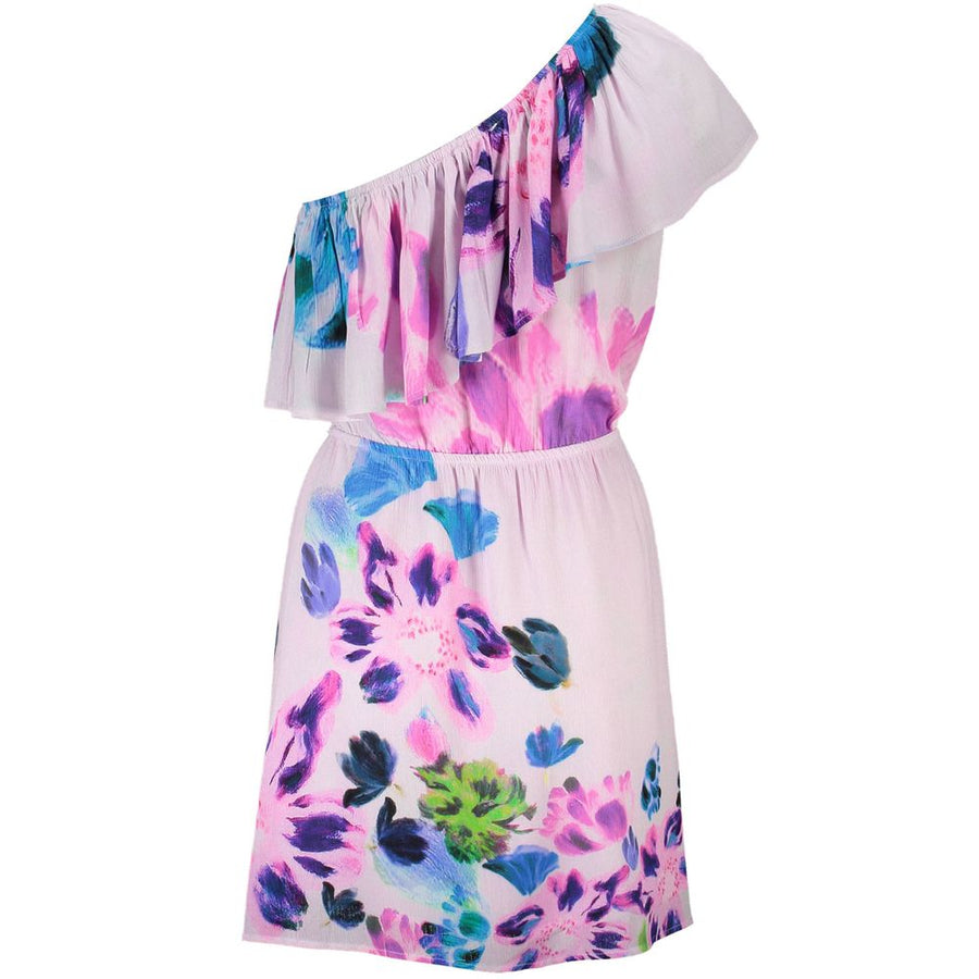 Pink viscose one-shoulder floral print dress with a ruffled neckline