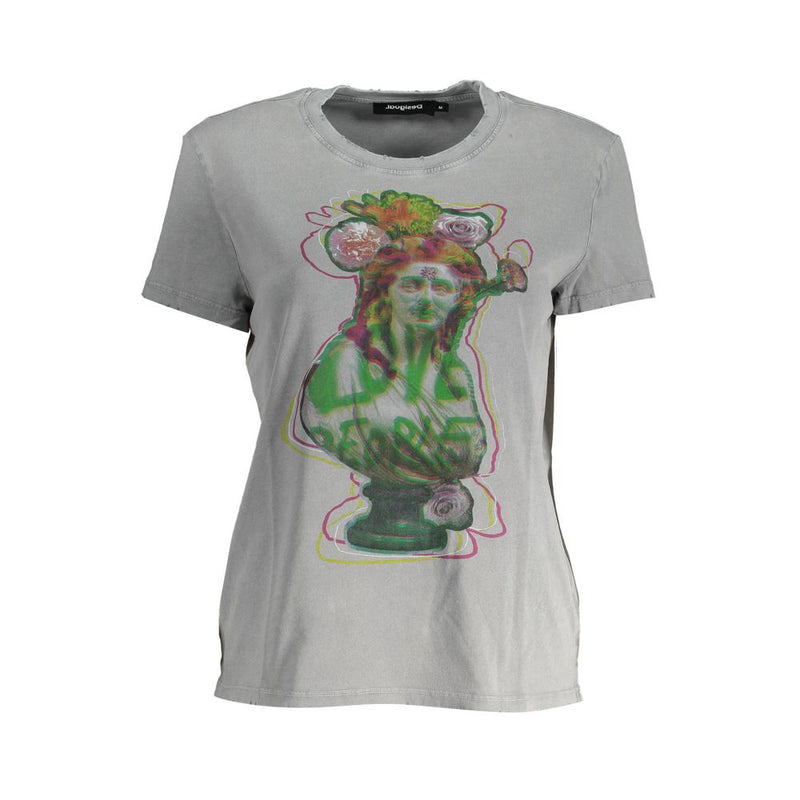 Gray cotton women t-shirt with a green graphic art print of a classical statue and flowers