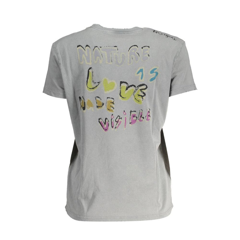 Desigual gray cotton women t-shirt with colorful printed text on the back
