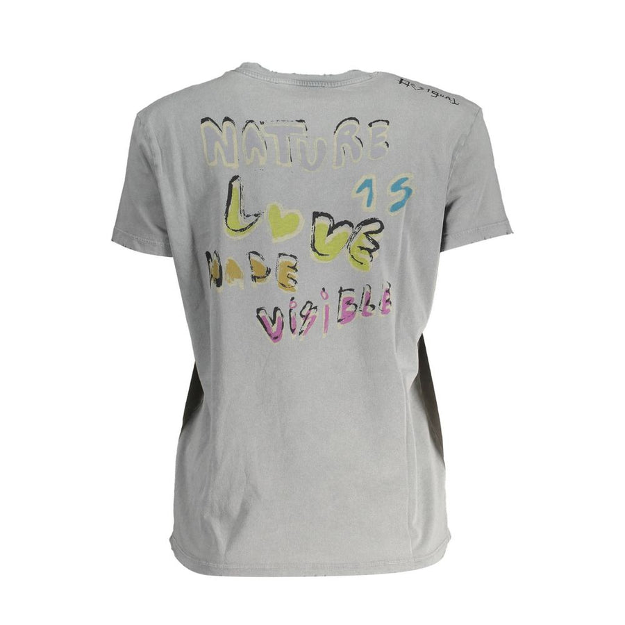 Gray cotton women t-shirt with a green graphic art print of a classical statue and flowers