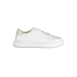 Calvin Klein women’s white leather low-top sneaker with a pale pink heel tab and a thick white platform sole.