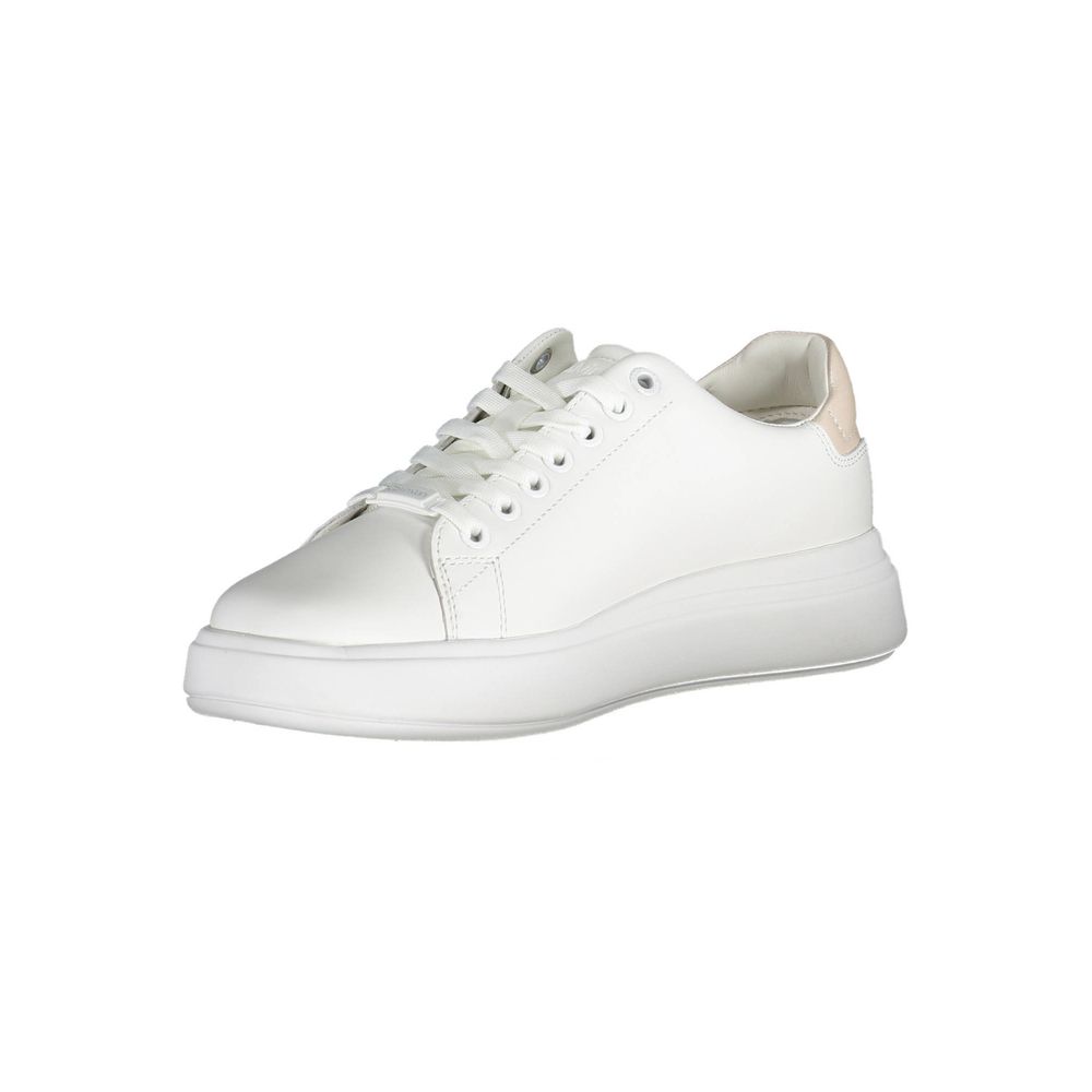 White leather Calvin Klein women’s low-top sneaker with a chunky sole and subtle beige heel tab detail.