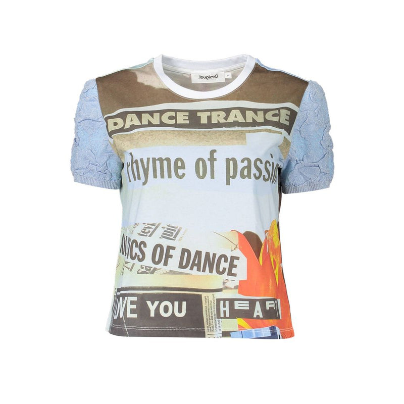 Light blue cotton t-shirt with graphic print front and textured puff sleeves