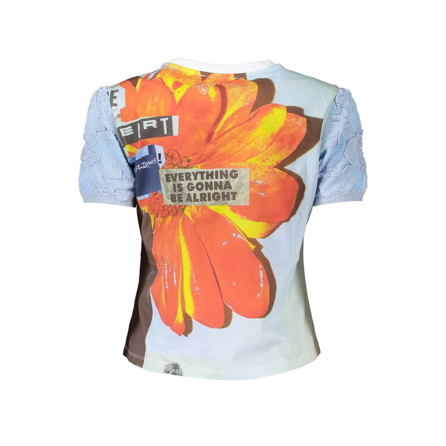 Light blue cotton t-shirt with graphic print front and textured puff sleeves