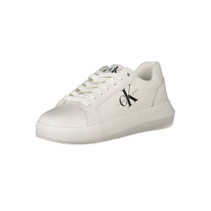 Calvin Klein women's white polyester sneaker with black logo, lace-up style, and thick platform sole.