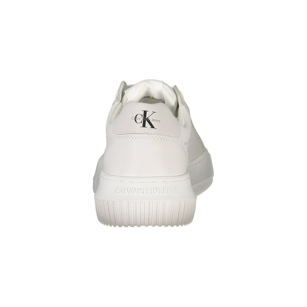 Back view of a white Calvin Klein polyester sneaker with logo branding on the heel and rubber sole.