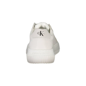Back view of a white Calvin Klein polyester sneaker with logo branding on the heel and rubber sole.