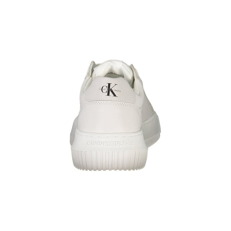 Back view of a white Calvin Klein polyester sneaker with logo branding on the heel and rubber sole.
