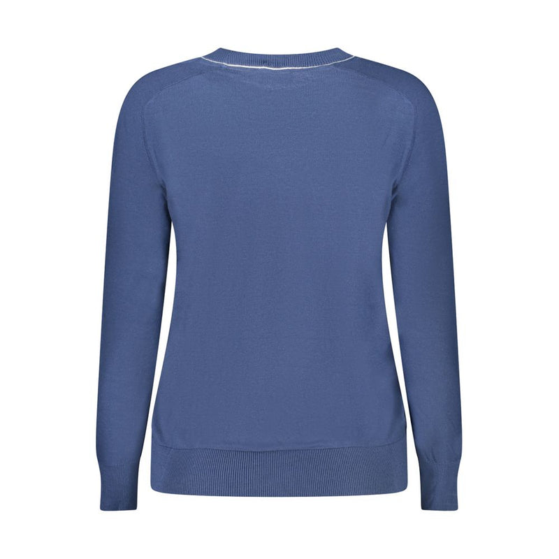 Blue viscose long-sleeve women's sweater with ribbed hem and cuffs viewed from the back