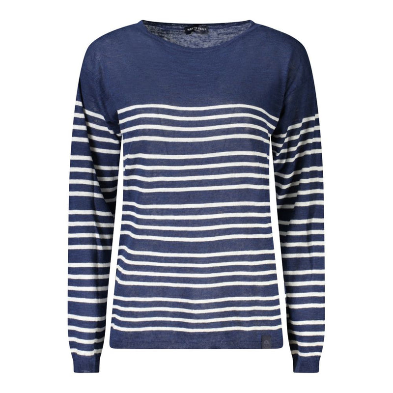 Blue and white striped linen women's sweater with a crew neck and long sleeves