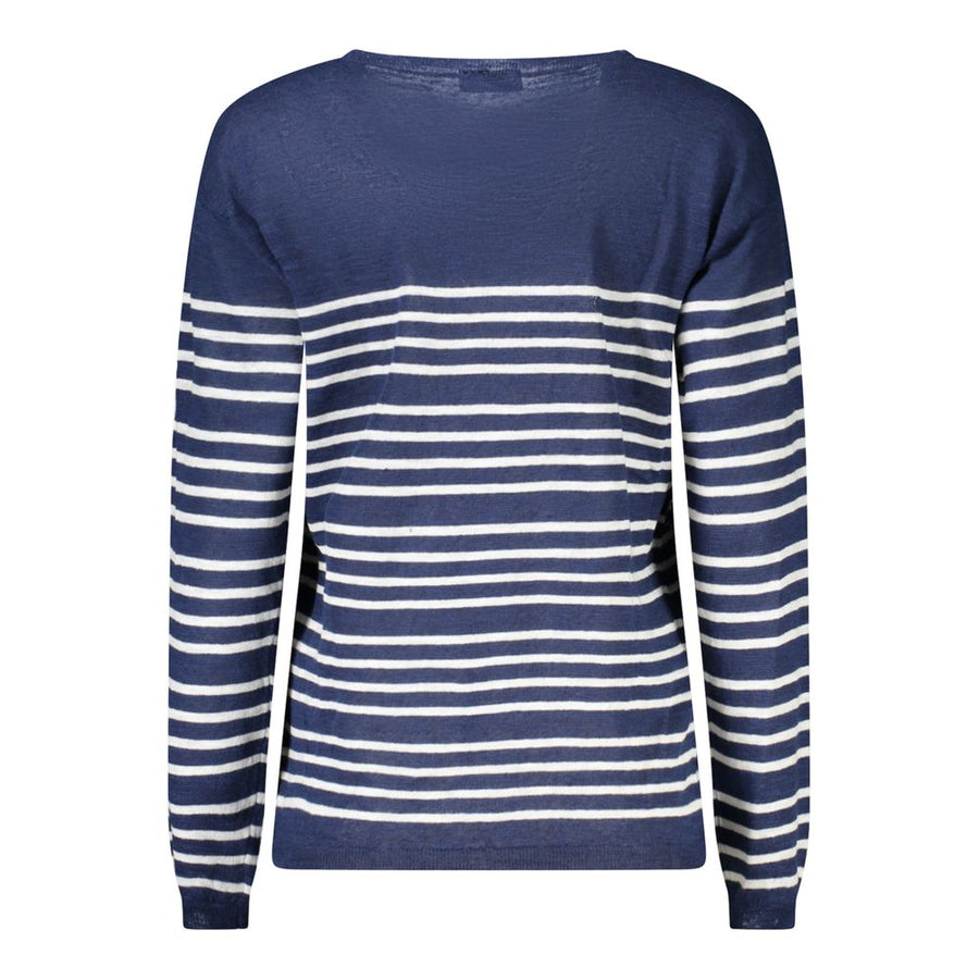 Blue and white striped linen women's sweater with a crew neck and long sleeves